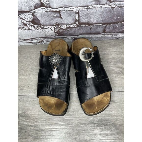 Think! Black Leather Cork Sun Moon Silver Wedge Sandals Women Sz 37EU/6.5M US - Picture 2 of 16